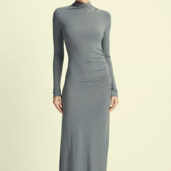 Vince Pacific Azure Ruched Long-sleeve Turtleneck Dress